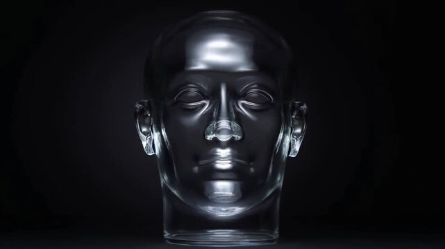 Metallic humanoid bust remains motionless against black background on glass pedestal