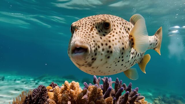 Tracking slow motion zoom shot of puffer fish swimming and approaching coral reef on tropical seabed in clear daytime water, calm marine habitat exploration