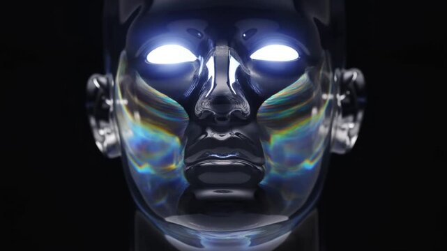 Glossy black human face with closed eyes presented in stark frontal studio darkness