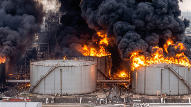 Refinery storage tanks engulfed in flames with thick black smoke billowing into the sky. Industrial disaster and emergency response concept at fuel processing plant.