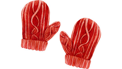 Watercolor red knitted mittens illustration isolated on white background