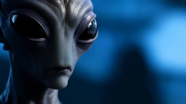 Alien humanoid remains still in bluelit darkness with oversized reflective eyes