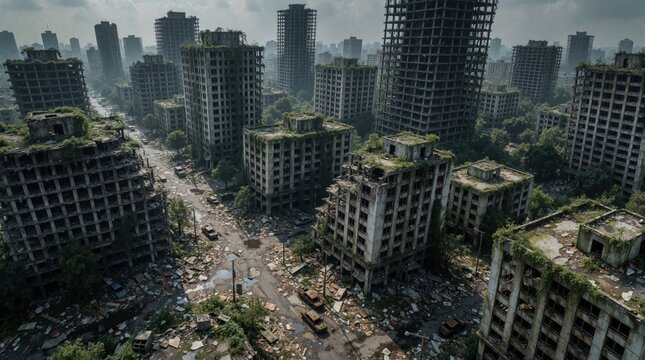 Aerial view of ruined postapocalyptic city with destroyed buildings, debris. Abandoned concrete skyscrapers stand in desolate urban landscape. Overgrown vegetation covers broken structures, cracked
