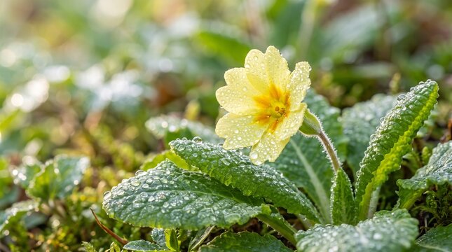 Beautiful yellow primrose flower with morning dew on leaves in spring garden