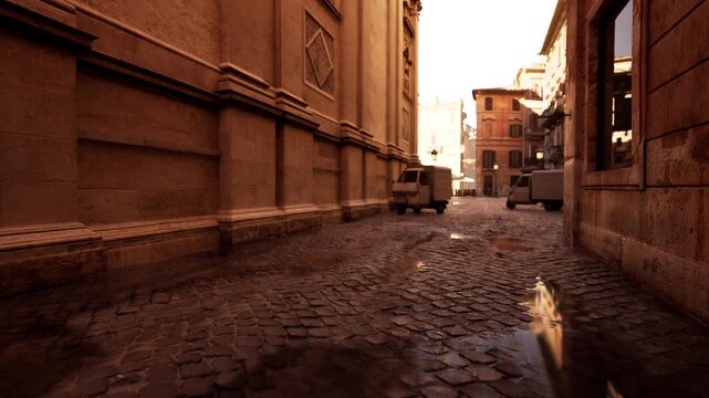 large reflective puddle mirroring facades, early morning golden light flooding narrow street, glossy water surface creating nearperfect mirror, empty passage