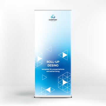 Roll up banner template design, standee business presentation background with abstract geometric polygon pattern, vector illustration