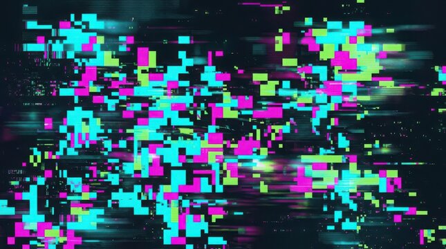 Vibrant pixelated glitch art background with neon magenta and cyan square blocks scattered across dark digital surface representing video game errors and retro computer malfunction.