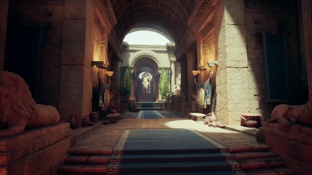 Arched market aisle with pottery displays and hanging banners, merchant staging wares, warm highlights, textured floor, lifestyle scene for artisan and travel
