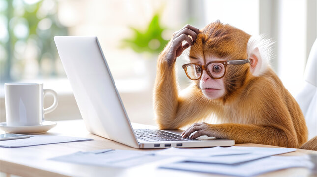 Intelligent monkey wearing glasses using laptop computer at office desk. Primate working in corporate environment with coffee mug and paperwork.