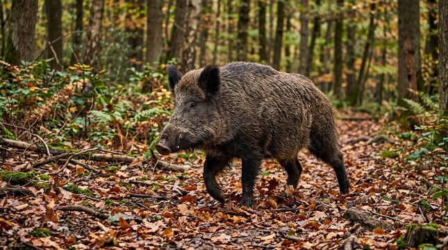 Wild boar walking through an autumn forest