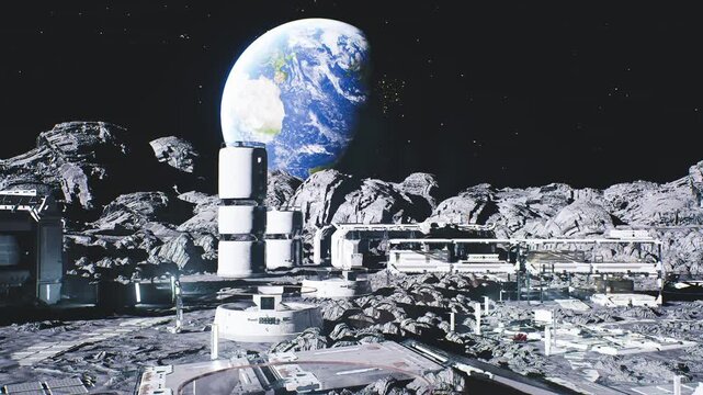 Lunar colonist settlement with habitat ring and Earthrise backdrop, clustered modules, connecting tunnels, ground vehicles, communal domes, quiet pioneering