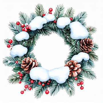 Watercolor Christmas snow wreath, pine branches, brown cones, red winter berries, fluffy snow caps. White background, circular festive holiday nature vector art.