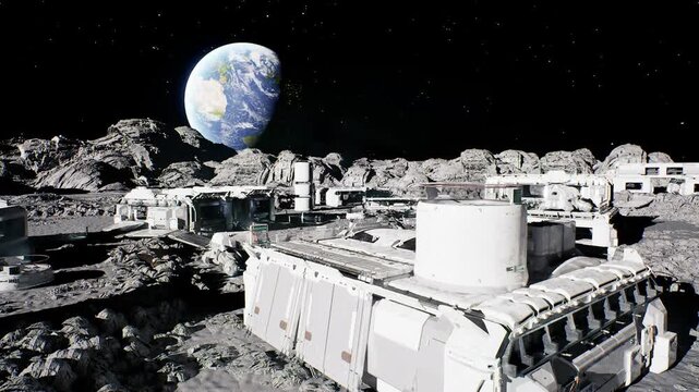 Moon operations command with Earth backdrop presenting mission control modules, relay arrays and telemetry antennas, illuminated consoles and automated racks,