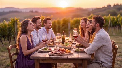 Fototapeta premium Friends dining outdoors at sunset in vineyard. Group of young adults having dinner party with red wine and local food in countryside setting.