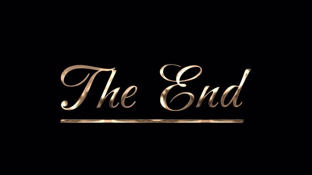 Elegant 3D gold cursive text animation spelling out The End on a black background for cinematic movie endings and video production vfx with a luxury metallic finish