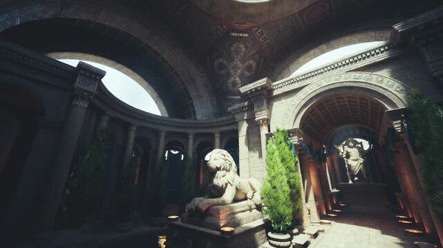 Oculus lit classical court with lion statue and open sky, dramatic sunlight flooding circular colonnade and highlighting carved marble textures