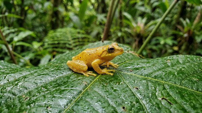 Small yellow frog resting on a vibrant green leaf in the tropical rainforest