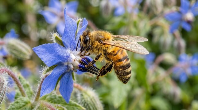 Honey bee collecting nectar from a blue borage flower in a garden