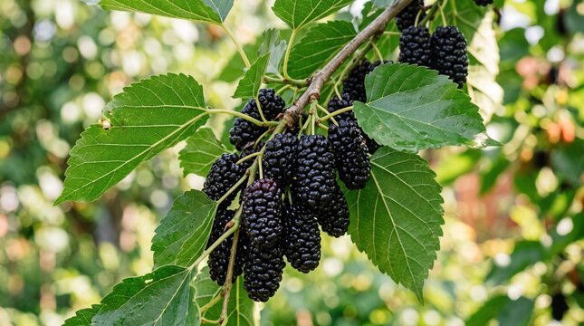 Ripe black mulberries hanging on a tree branch in a summer garden