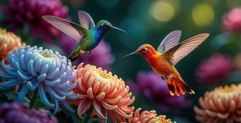 Naklejka premium Two colorful hummingbirds hover near bright flowers in rich garden. Small birds fly near blooming chrysanthemums. Vibrant tropical wildlife enjoy nectar in summer nature. Beautiful birds with