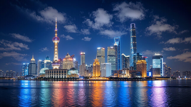 Panoramic Night View of Shanghai Skyline with Illuminated Oriental Pearl Tower and Skyscrapers Reflected in Huangpu River