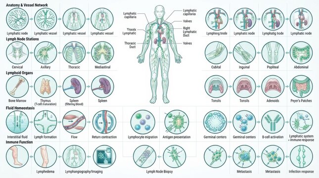Diagram shows the lymphatic system including lymph nodes, vessels, and organs that play a role in immune drainage and body function.