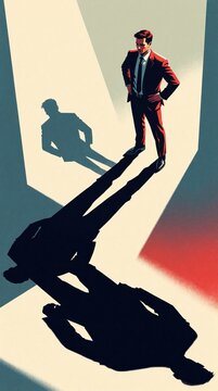 Man in red suit confronts large shadow, symbolizing self doubt or inner conflict. Concept of imposter syndrome, fear, or potential self actualization. Modern illustration style.