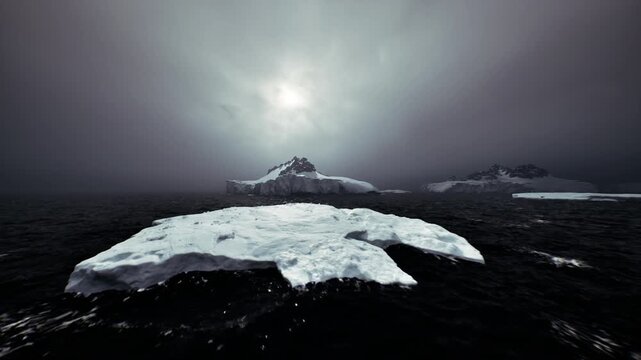 Clouded icy waters surround glacier island silhouette, Overcast and icy polar waters with glacier island silhouette and reflective sea surface textures