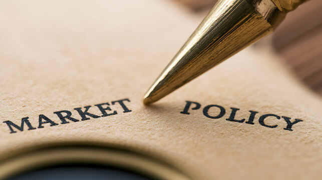 A gold metal pen tip touch paper page with print word market and policy in close up macro shot for business economic commercial strategy