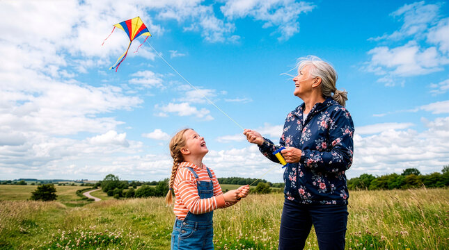 Joyful Kite Flying Adventure: A grandmother and granddaughter share a delightful moment outdoors, their laughter echoing as they fly a colorful kite against a vast.