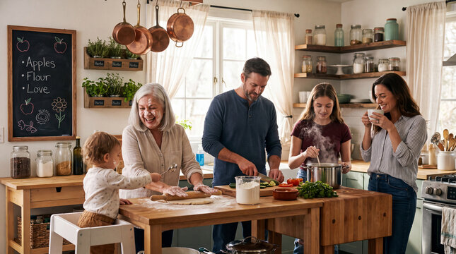 Family members cook together in a rustic home kitchen with children and grandparents.
