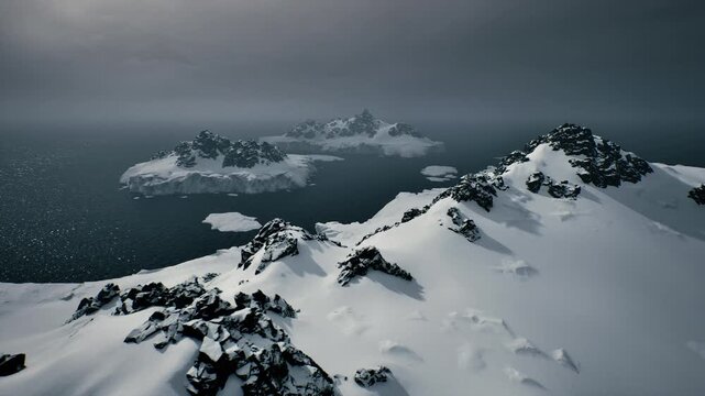 Snow swept ridge facing approaching storm clouds, wind scoured drifts and exposed black rock create high contrast shapes, raw moody atmosphere ideal