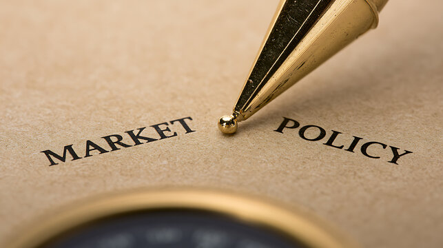 Close-up of a gold pen tip resting between printed words Market and Policy on brown textured paper, representing financial decisions and strategy
