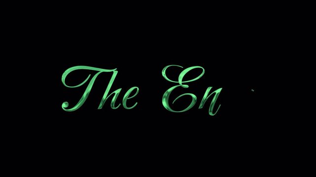 Elegant green metallic cursive text animation displaying The End with sparkling particles and a decorative underline on a black background for vfx and alpha channel transparency