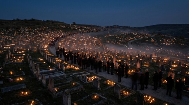 Candlelit cemetery vigil at dusk beneath a dark blue sky
