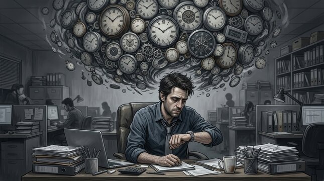 Overwhelmed office worker stressed by a multitude of clocks and deadlines