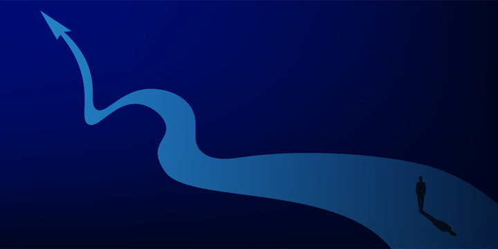 Conceptual minimalist vector illustration of a person on a winding blue path turning into a rising arrow on dark blue background