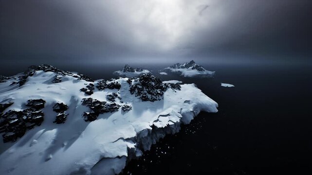 aerial icy plateau beneath brooding clouds, textured snow surface with crevasses and ridges, distant dark ocean and low horizon, mood of research