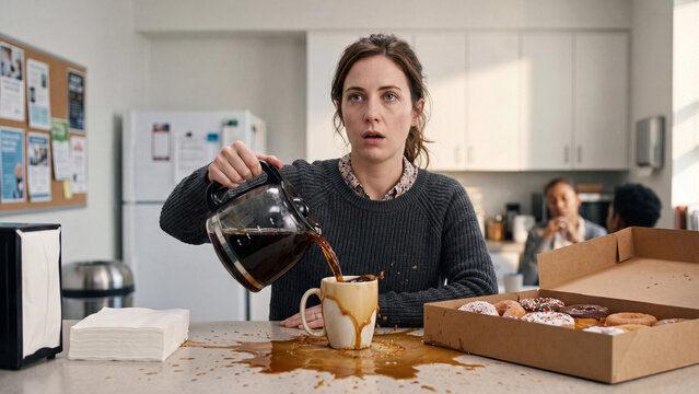 Tired woman pouring coffee onto a table on a monday funny morning at home