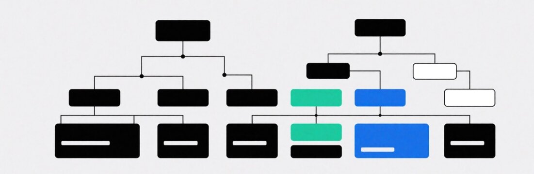 Two organizational charts show business structure and hierarchy. Blocks and lines represent roles and connections. Use for company planning strategy or team management.