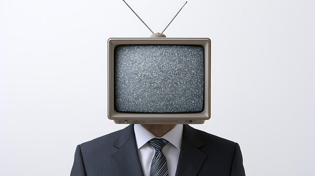 Surreal portrait of a businessman in a suit with an old vintage television set instead of a head displaying static noise against a white