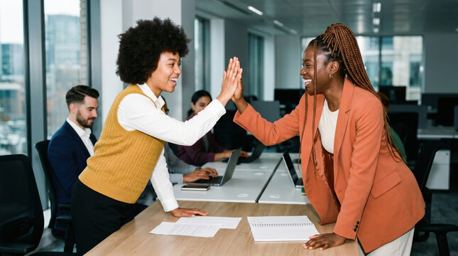 Diverse coworkers celebrate success with high five in office