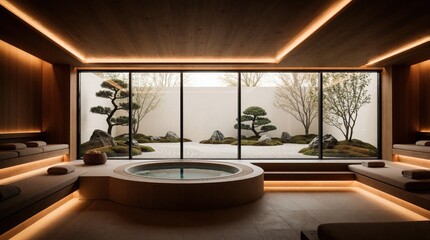 Fototapeta premium Modern spa room with circular jacuzzi and benches offers zen garden view. Natural wood interior features calming warm lighting for ultimate relaxation and tranquility.