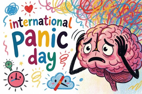 Whimsical cartoon illustration for International Panic Day. Anxious pink brain character holds head in stress. Colorful scribbles, worried clock icon, clouds show mental health struggle. Creative