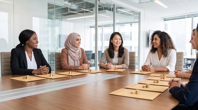 Diverse professional women in hijab and business attire discussing work at modern office table, Multi Culture Women's Equality Concept