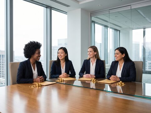 Diverse professional women in business meeting discussing workplace equality and leadership strategies