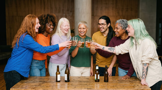 Group of friends raising glasses in a toast together