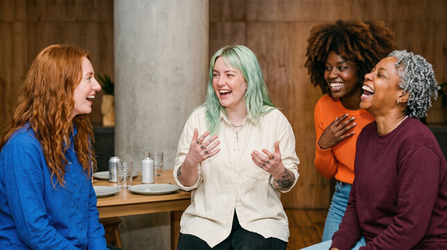 Diverse women share laughter during a friendly gathering
