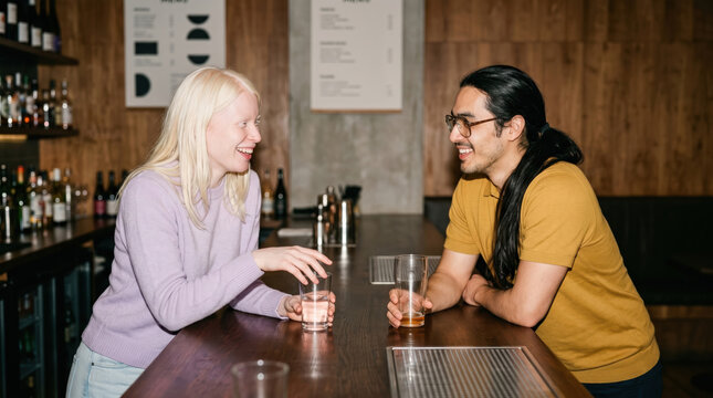 Friends share a drink and conversation at a cozy bar