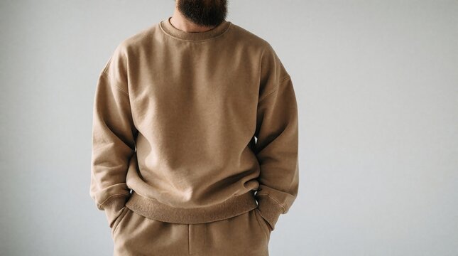 Young man wears tan sweatshirt, matching sweatpants. Casual beige loungewear set with minimalist style on grey background. Male model stands in comfortable cozy clothes for fashion lifestyle look.